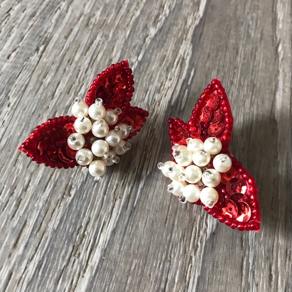 Vintage 60s Red Flapper Inspired Sequin & Pearl Leatherback Costume Clip Ons